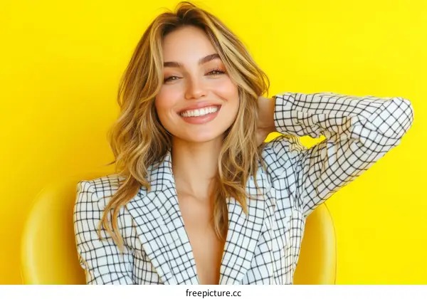Smiling Woman in Checkered Blazer Against Yellow Background