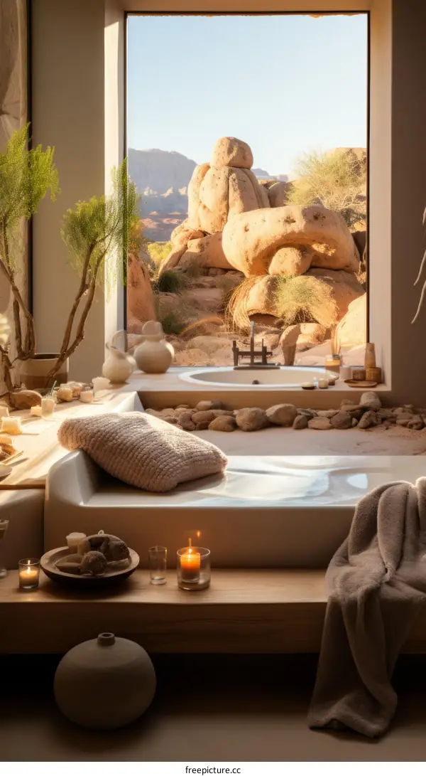 Luxury bathroom with a desert view