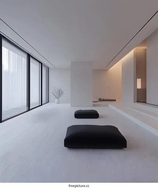 Minimalist Zen Interior Design with White Walls and Black Cushions