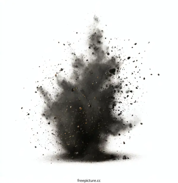 Explosion of Dark Debris on White Background