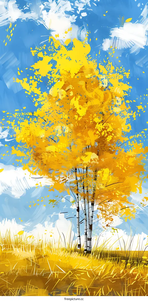 Autumn Landscape Painting with Yellow Trees and Blue Sky