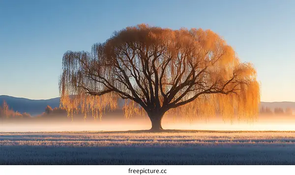 Majestic Willow Tree at Sunrise in a Misty Field