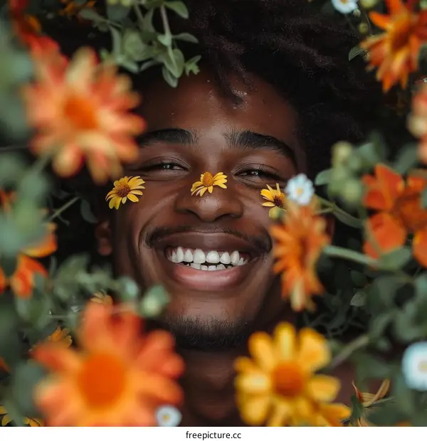 Black man surrounded by orange and yellow flowers