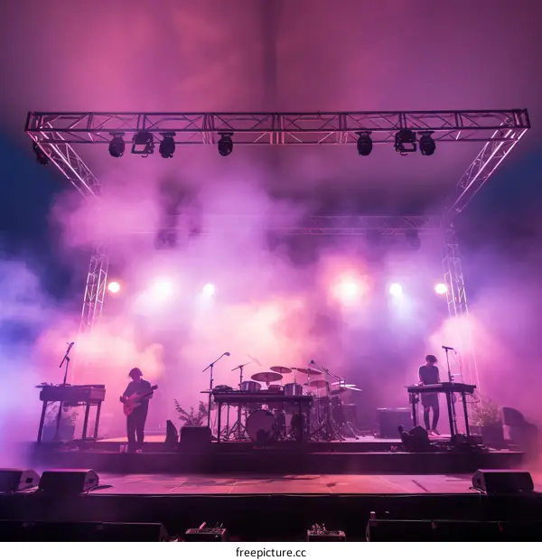 A band is performing on a stage with purple lights and smoke in the background