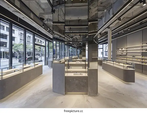 Modern Retail Store Interior Design with Concrete and Glass Display Cases