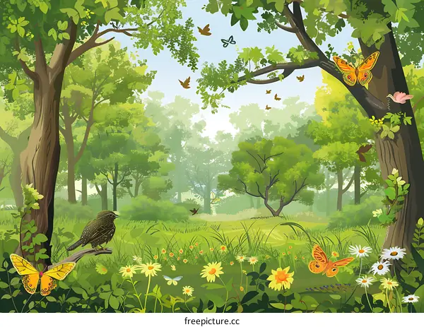 Beautiful Illustration of a Forest with Green Trees, Flowers, and Butterflies