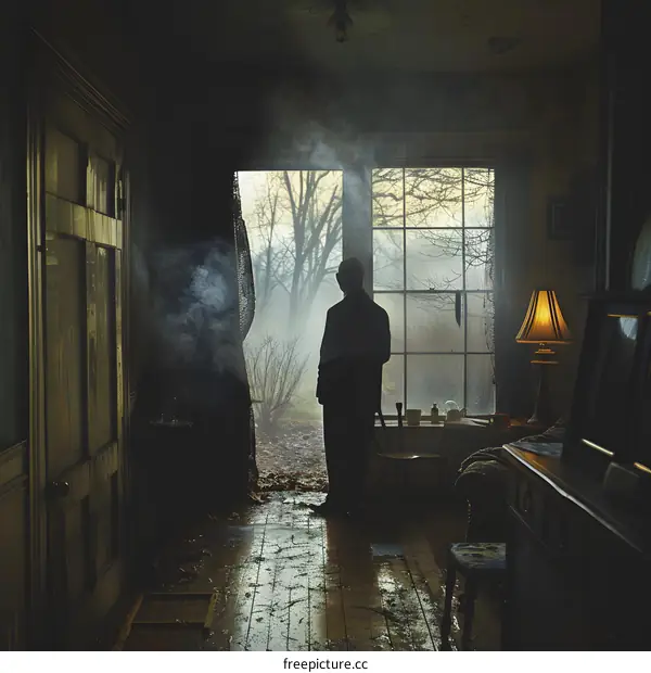 Man looking out window at foggy forest