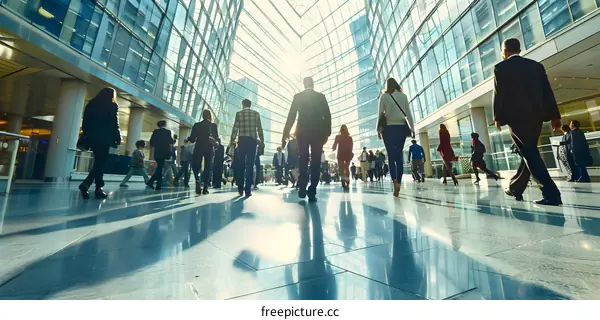 People Walking Through Modern Office Building