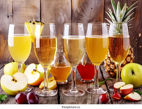 Sparkling Wine with Pineapple and Apples on a Wooden Table