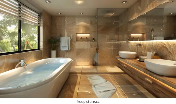 Luxury Modern Bathroom Design with Bathtub and Double Sinks