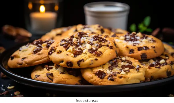 A plate full of chocolate chip cookies
