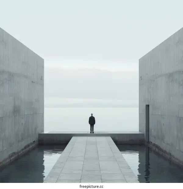 Man standing between two concrete walls looking out at the sea