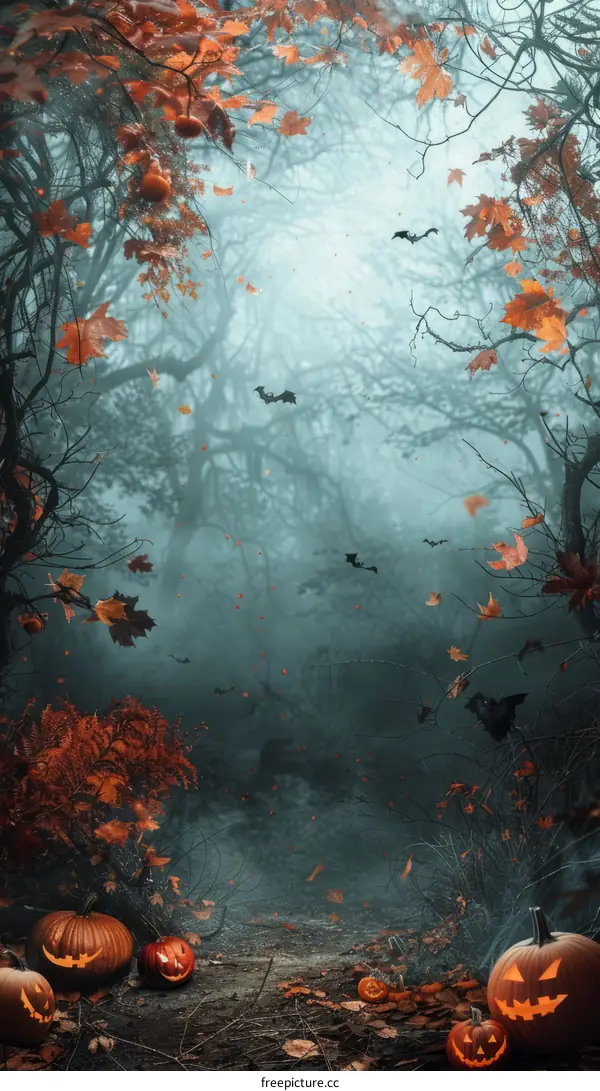 Spooky Halloween Forest Path with Pumpkins and Bats