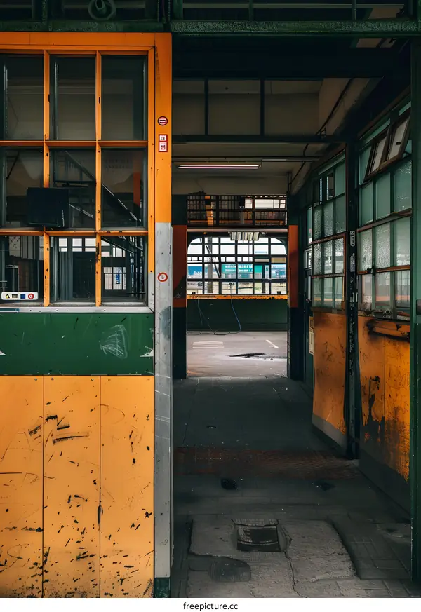 Green and Yellow Doors with a View of a Parking Lot