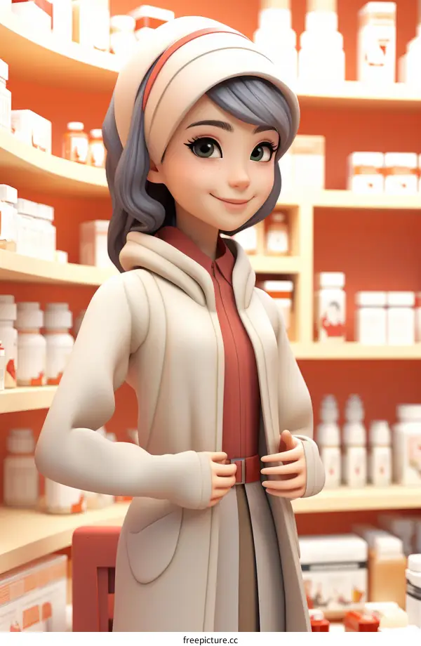 A female pharmacist standing in a drugstore with a happy expression