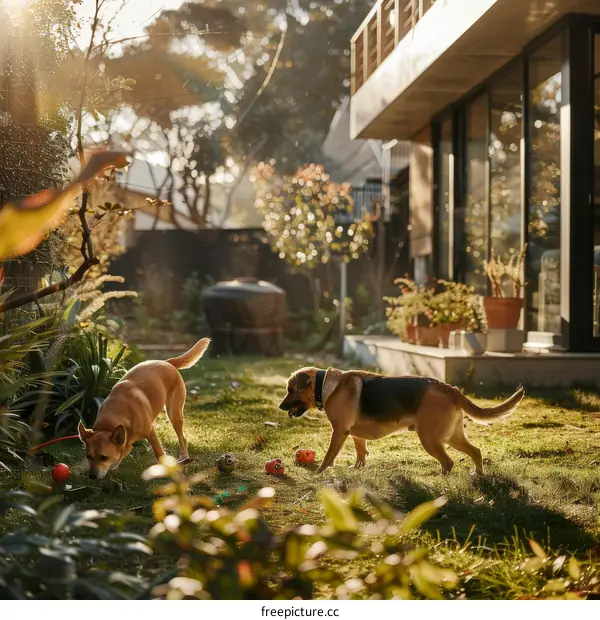 Two dogs playing with balls in the backyard