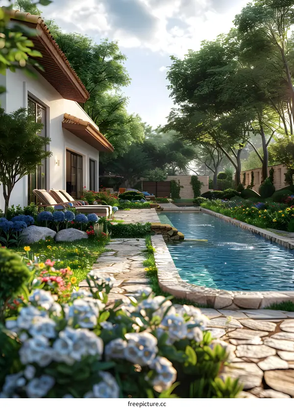 A swimming pool in a lush garden