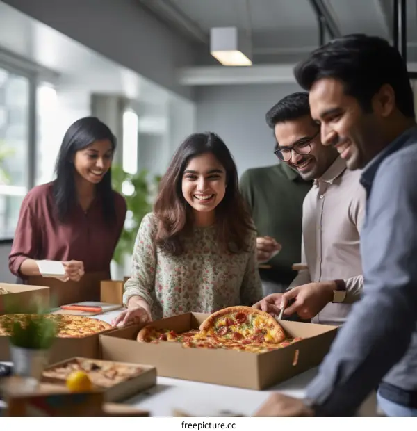 Indian colleagues enjoying pizza party in the office