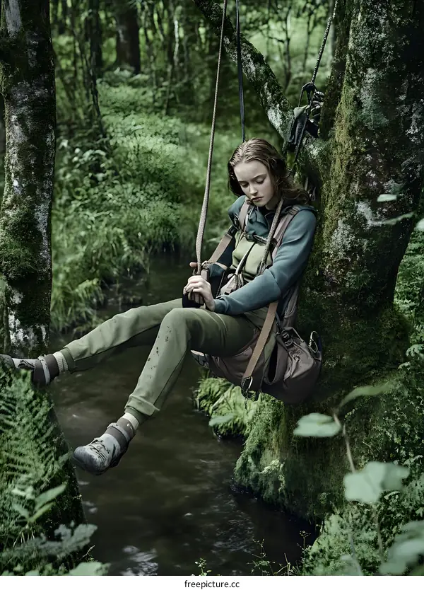 Woman Sitting on a Rope Swing Over a Creek in the Forest