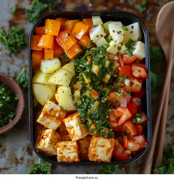 A delicious and healthy vegetarian bento box with tofu, vegetables, and a green goddess dressing