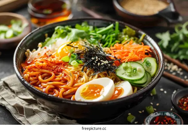 A bowl of Korean spicy noodles with vegetables and egg