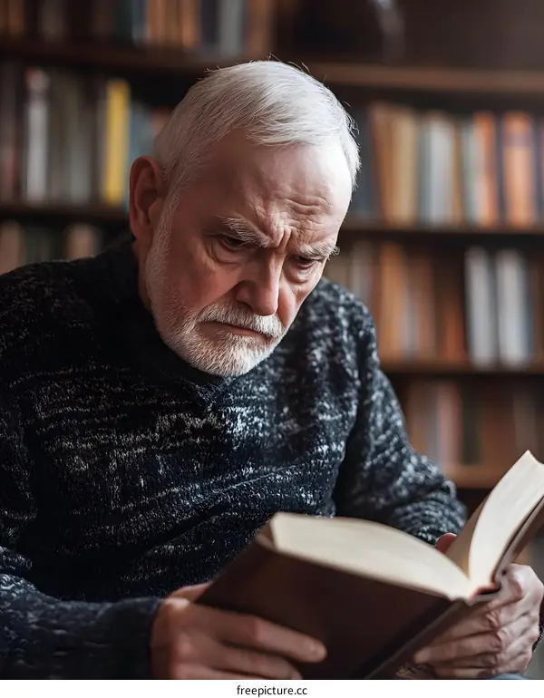 Senior Man Reading Book in Library
