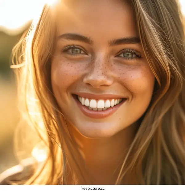 Beautiful young woman with freckles smiling happily