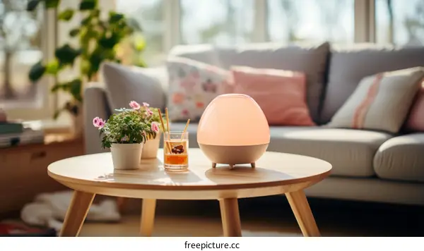 An aroma diffuser on a table in a living room