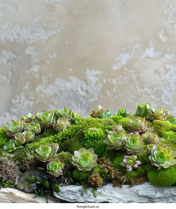Green Succulents and Moss on Rustic Wood