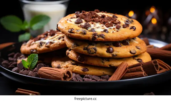 A stack of chocolate chip cookies on a black plate with a glass of milk and mint leaves in the background