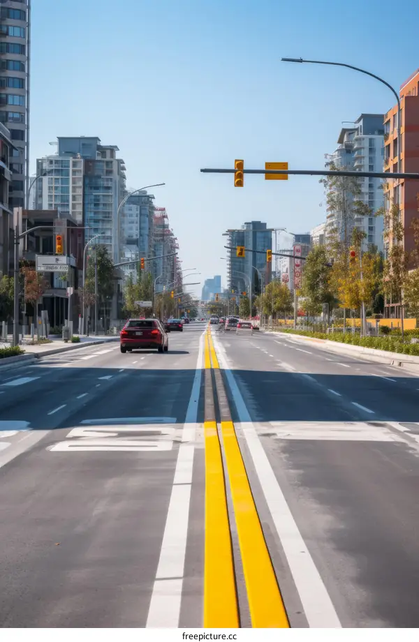 Wide Empty Urban Street with Towering High-Rises on Both Sides
