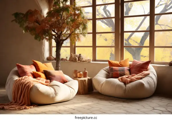 Two large cream-colored fabric chairs with pillows in front of a large window