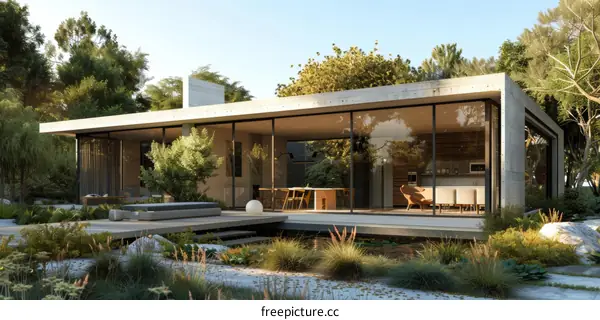 Modern house with large glass windows and a green landscape