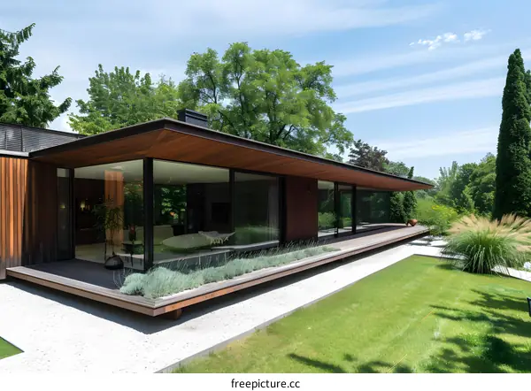 Modern House with Large Windows and Wooden Deck