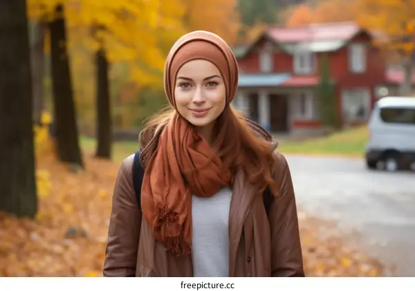 portrait of a young woman wearing a brown hijab and a brown scarf