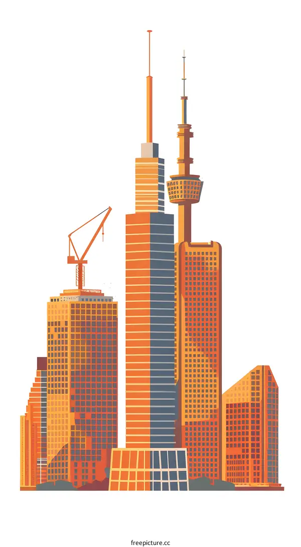 Cityscape Illustration with Tall Buildings and a Construction Crane
