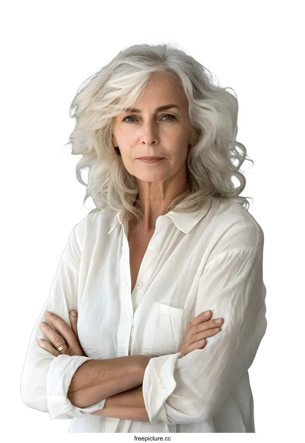 [Transparent Background PNG]Portrait of Confident Senior Woman with White Hair and White Shirt