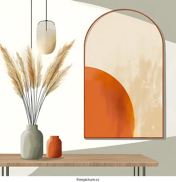 Abstract Minimalist Interior Design With Pampas Grass And Hanging Light