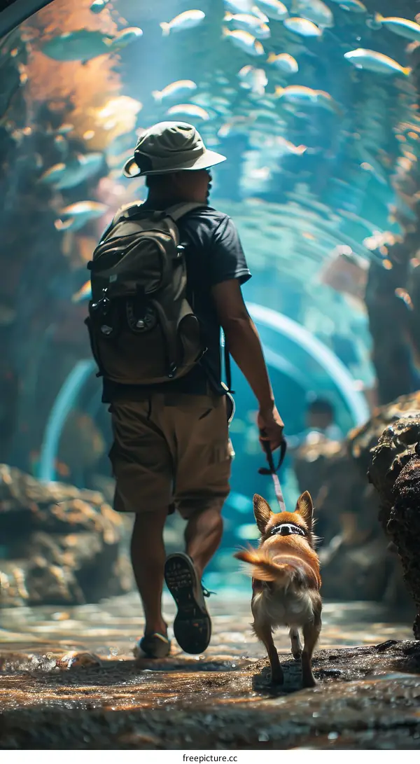 Man and dog in aquarium