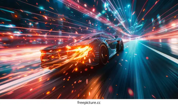 futuristic car race in city at night with colorful light trails