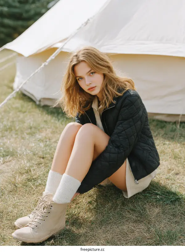 Young Woman Relaxing Outdoor near Tent