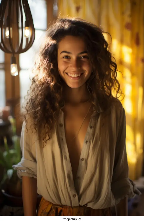 Portrait of a smiling young woman with long curly hair