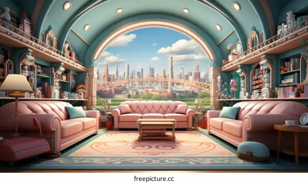 Large Window and City Skyline in Modern Living Room