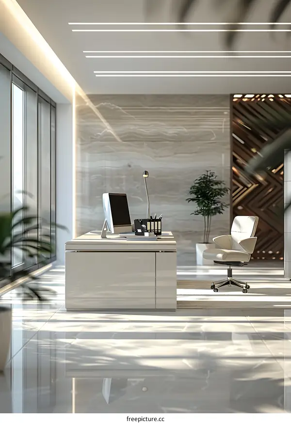 Modern office interior design with large windows and marble walls