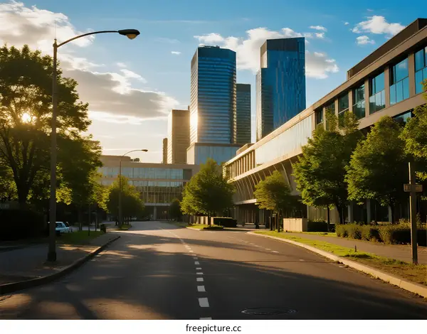 Modern urban street scene with tall buildings under clear sky