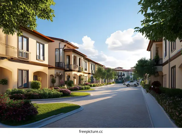 Luxury Townhouses with Cobblestone Street and Lush Landscaping