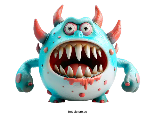 [Transparent Background PNG]A blue furry monster with red horns and sharp teeth