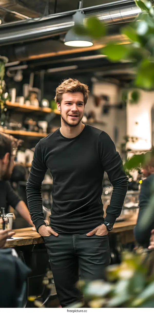 Man Wearing Black T-Shirt Standing In Cafe
