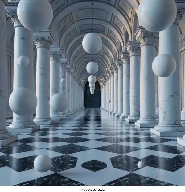 Surreal Hallway with Floating Spheres