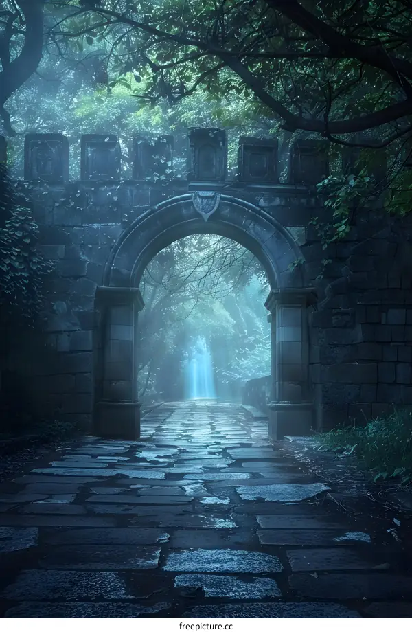 Stone Archway in Foggy Forest